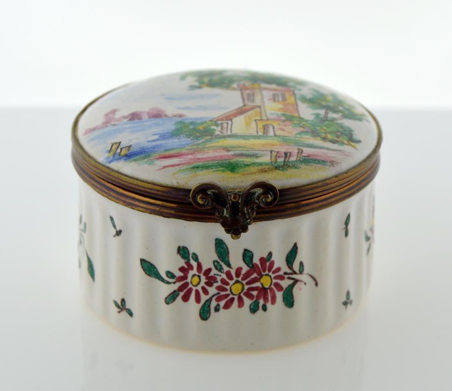 Antique French Veuve Perrin Hand Painted Enamel Round Table Snuff Trinket Box