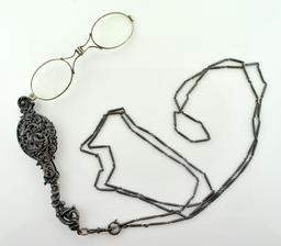 Antique Silver Lorgnette Glasses w/ Long Silver Chain Necklace