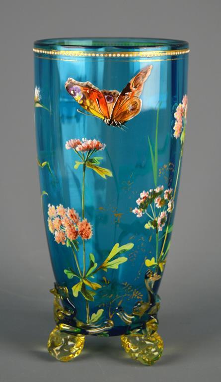 Antique Hand Painted  Blue Art Glass 8.5 In. Vase, Butterfly, Flowers, Dragonfly