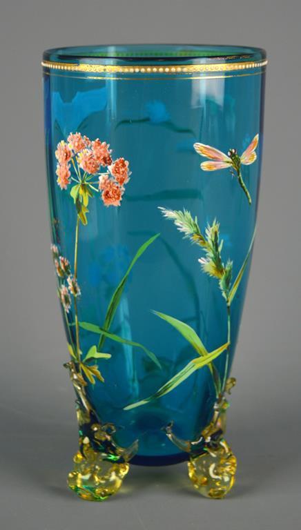 Antique Hand Painted  Blue Art Glass 8.5 In. Vase, Butterfly, Flowers, Dragonfly