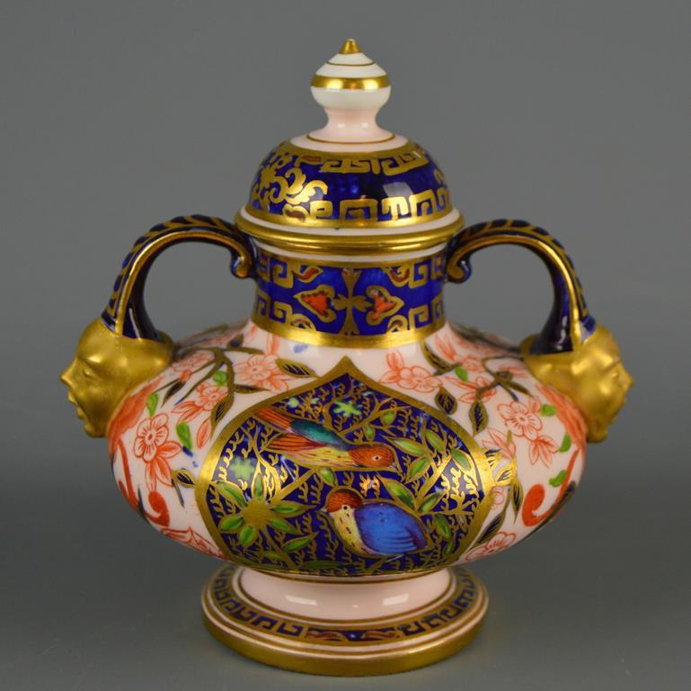 Fine Antique (19th C. ) English Porcelain: Derby Lidded Urn or Jar, Gilt Face Handles, Hand Painted