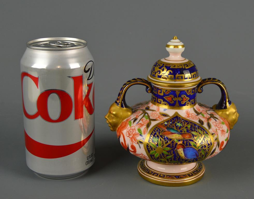 Fine Antique (19th C. ) English Porcelain: Derby Lidded Urn or Jar, Gilt Face Handles, Hand Painted