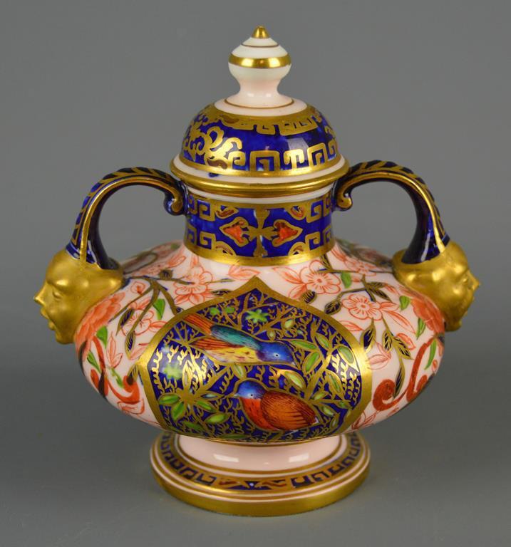 Fine Antique (19th C. ) English Porcelain: Derby Lidded Urn or Jar, Gilt Face Handles, Hand Painted