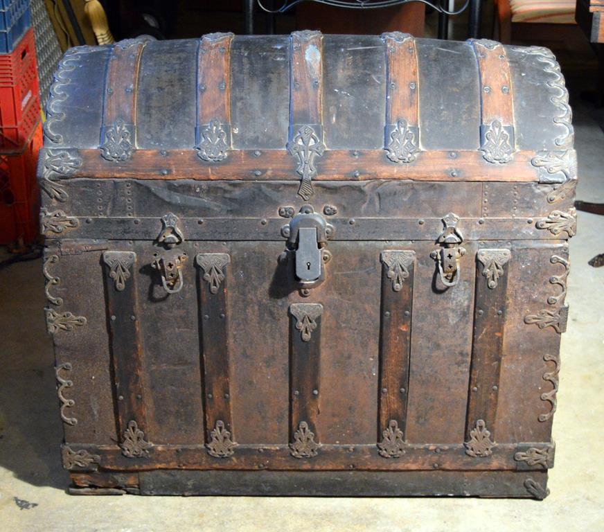 Antique Oak & Metal Domed Steamer Trunk