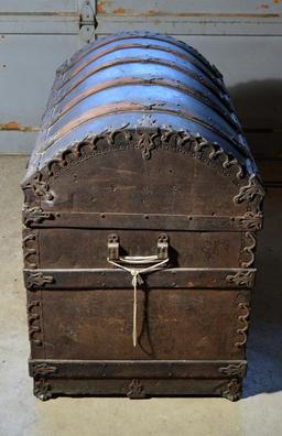 Antique Oak & Metal Domed Steamer Trunk