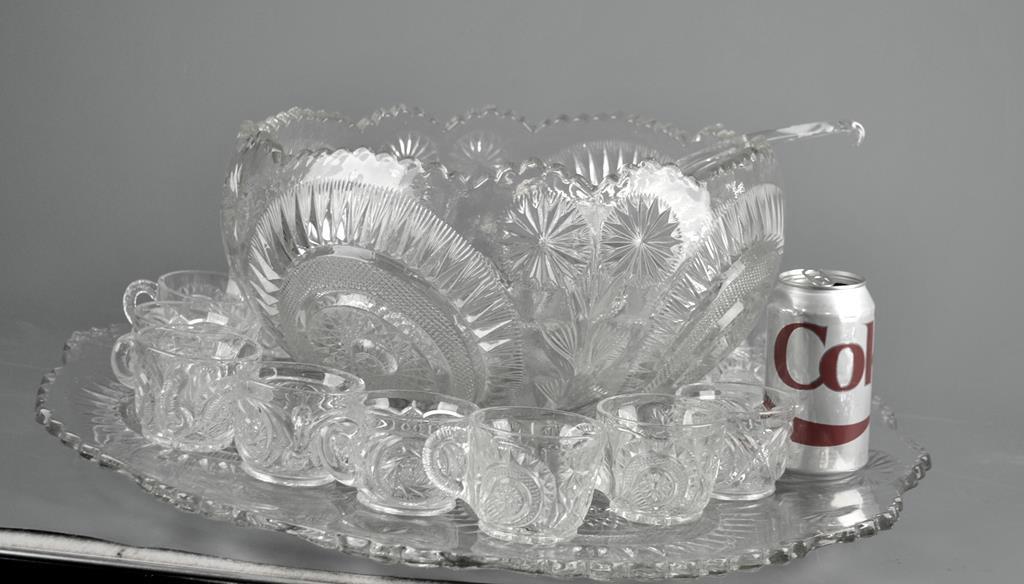 Antique Hobstar & Daisy EAPG Pressed Glass Punch Bowl w/ 24 Inch Undertray, Ladle & 14 Cups