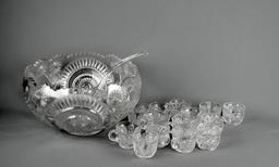 Antique Hobstar & Daisy EAPG Pressed Glass Punch Bowl w/ 24 Inch Undertray, Ladle & 14 Cups