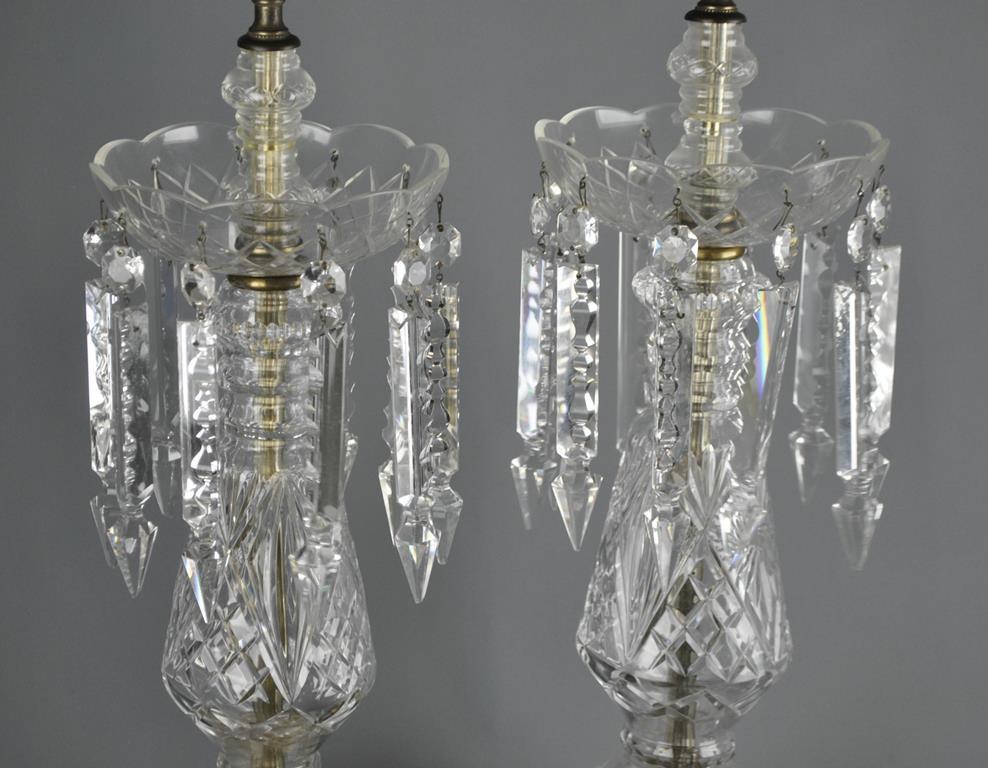 Pair of Cut & Pressed Glass Table Lamps w/ Prism Lusters, 34 Inches H