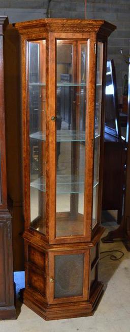 Vintage Lighted Mirrored-Back Oak Curio Cabinet