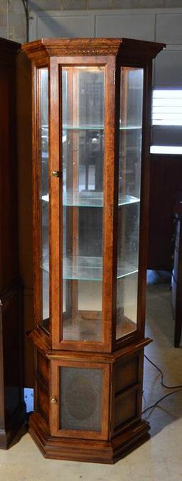 Vintage Lighted Mirrored-Back Oak Curio Cabinet