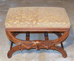 Carved Mahogany Ottoman, Bronze / Gold Upholstered Seat