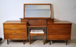 Fine Walnut Mid-Century Modern Dresser w/ Mirror & Oak Vanity Seat by Cousins of Kansas City