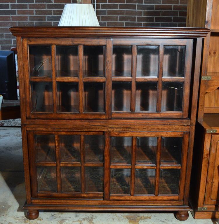 Contemporary Oak Double Bookshelf w/ Sliding Glass Doors