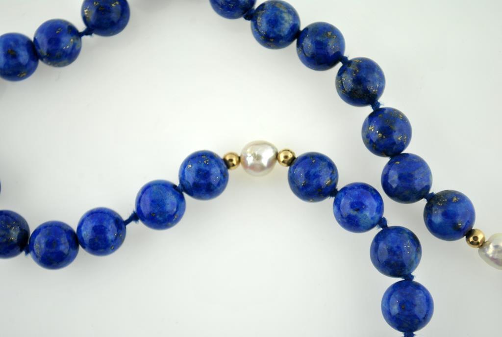 Fine Lapis Lazuli, Pearl & Gold Bead 30 Inch Necklace