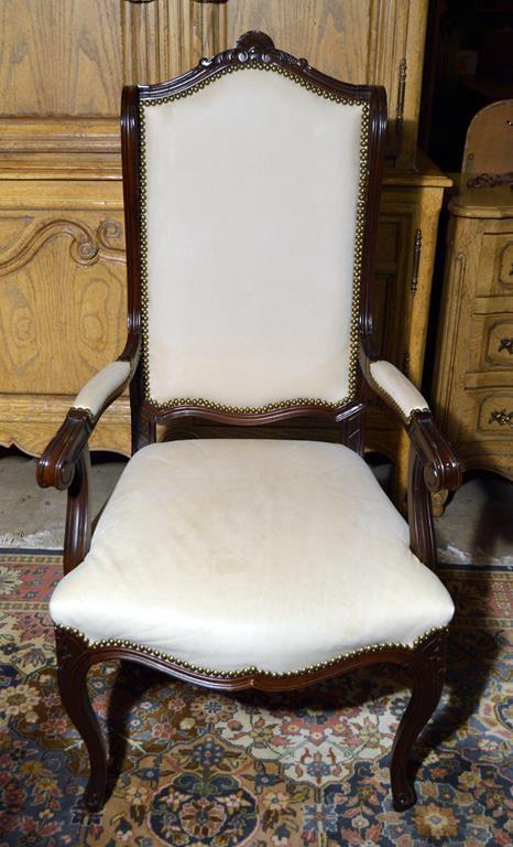 Carved Mahogany and Leather Arm Chair, Brass Stud Trim