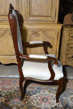 Carved Mahogany and Leather Arm Chair, Brass Stud Trim