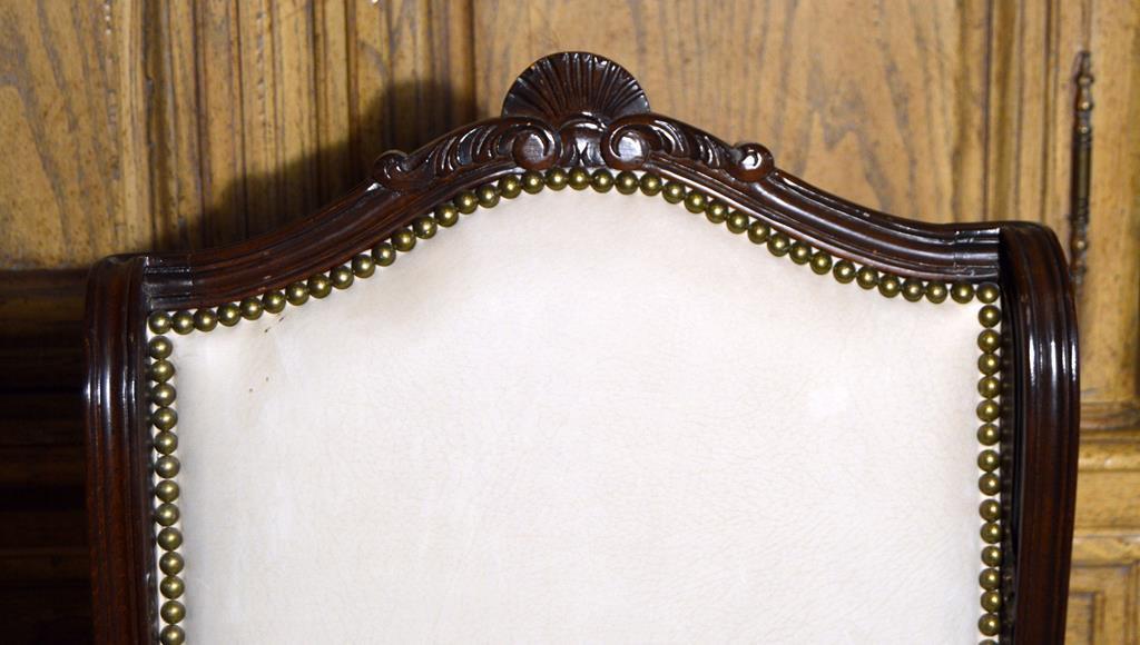 Carved Mahogany and Leather Arm Chair, Brass Stud Trim