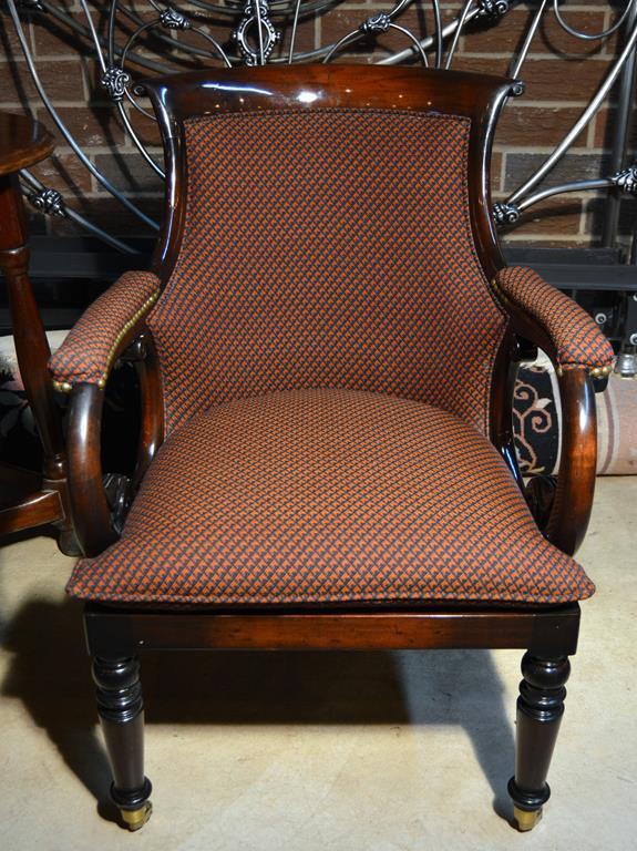 Carved Mahogany Regency Style Upholstered Club Chair by Interior Crafts, Brass Caster Feet