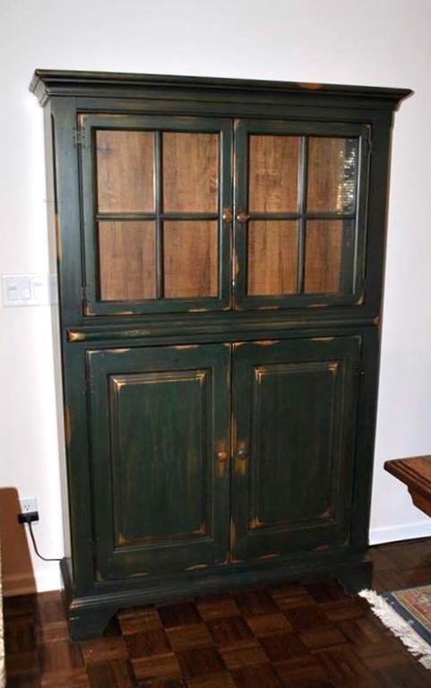 Contemporary Forest Green Rubbed Finish Kitchen Hutch Cabinet