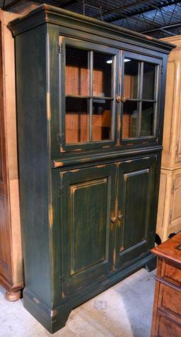 Contemporary Forest Green Rubbed Finish Kitchen Hutch Cabinet