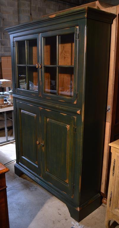 Contemporary Forest Green Rubbed Finish Kitchen Hutch Cabinet