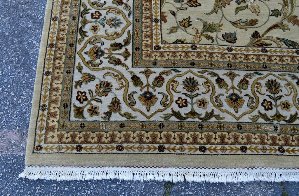 Fine 100% Wool Hand Knotted Indo-Persian Rug, 10 x 14.5', Beige, Ivory, Sage, Ochre