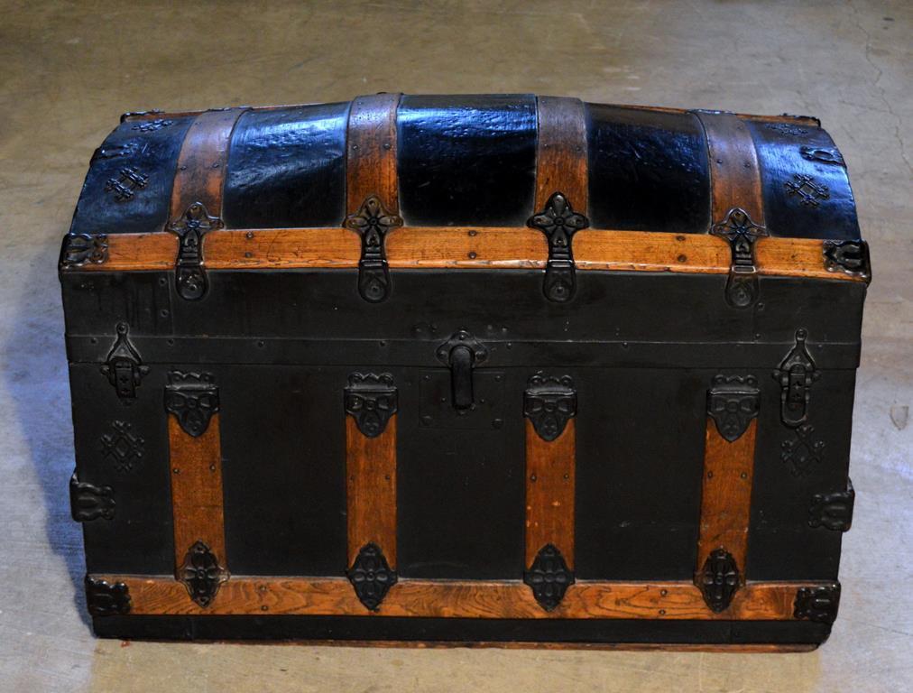 Antique Late 19th-Early 20th C. Oak & Black Steamer Trunk, Recessed Casters