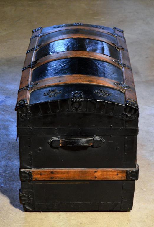 Antique Late 19th-Early 20th C. Oak & Black Steamer Trunk, Recessed Casters