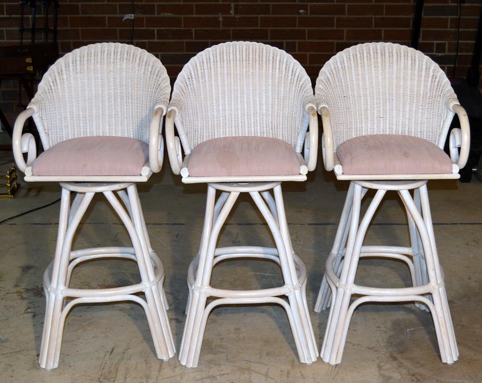 Set of Three White Rattan Wicker Swivel Bar Stools, Dusky Pink Upholstered Seats
