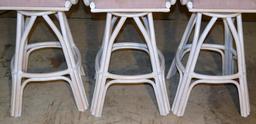 Set of Three White Rattan Wicker Swivel Bar Stools, Dusky Pink Upholstered Seats