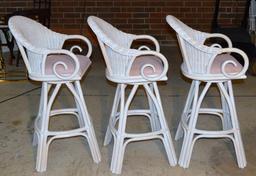 Set of Three White Rattan Wicker Swivel Bar Stools, Dusky Pink Upholstered Seats