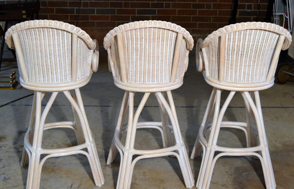 Set of Three White Rattan Wicker Swivel Bar Stools, Dusky Pink Upholstered Seats