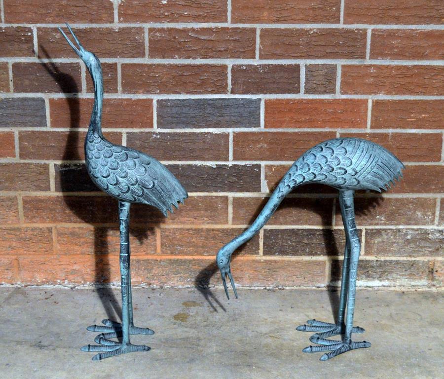 Pair of Green Patinated Metal Marsh Bird Statues