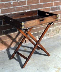 Antique Campaign Style Mahogany Folding Tray Table, Brass Corner Braces