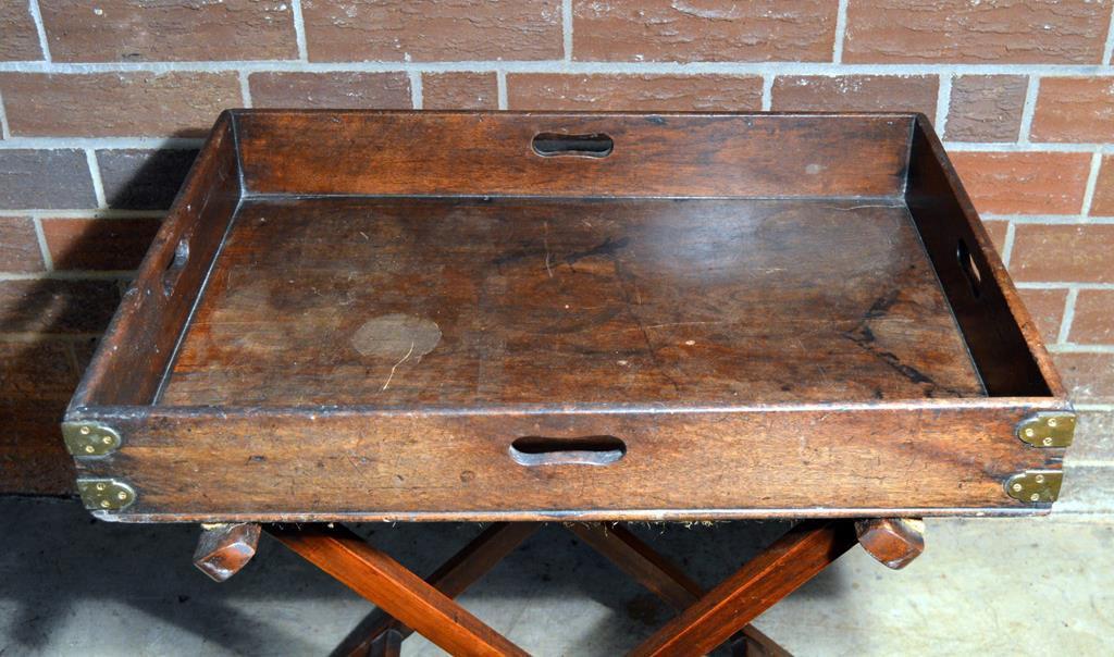 Antique Campaign Style Mahogany Folding Tray Table, Brass Corner Braces