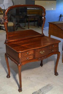 Superb 19th C. Greek Revival Mahogany Vanity, Caryatid Posts, Cabriole Legs, Paw Feet on Casters