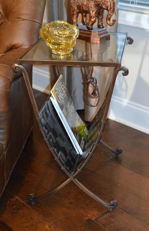 Contemporary Campaign Style End Table / Magazine Rack, Glass Top, Bronzed Finish, Rivet Trim