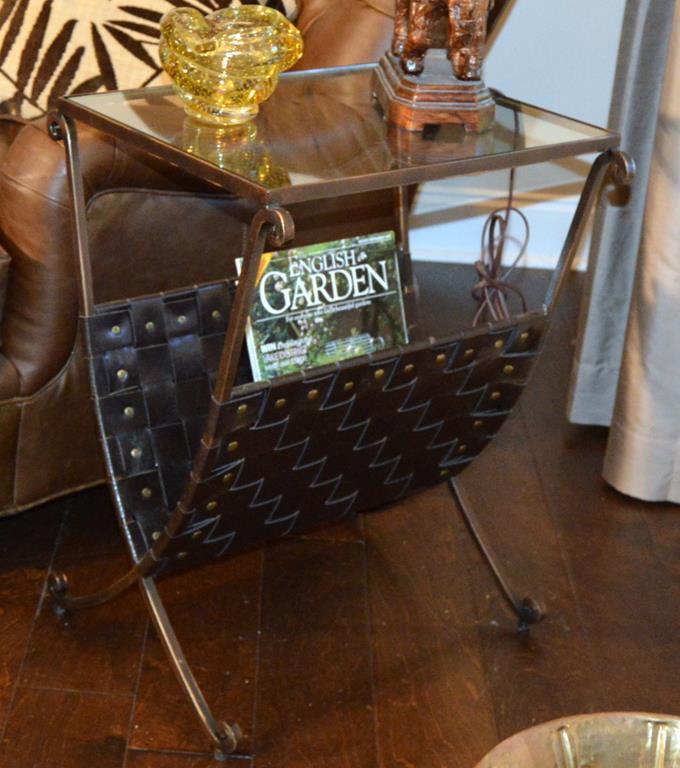 Contemporary Campaign Style End Table / Magazine Rack, Glass Top, Bronzed Finish, Rivet Trim