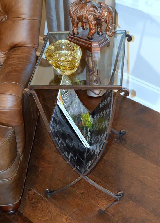 Contemporary Campaign Style End Table / Magazine Rack, Glass Top, Bronzed Finish, Rivet Trim