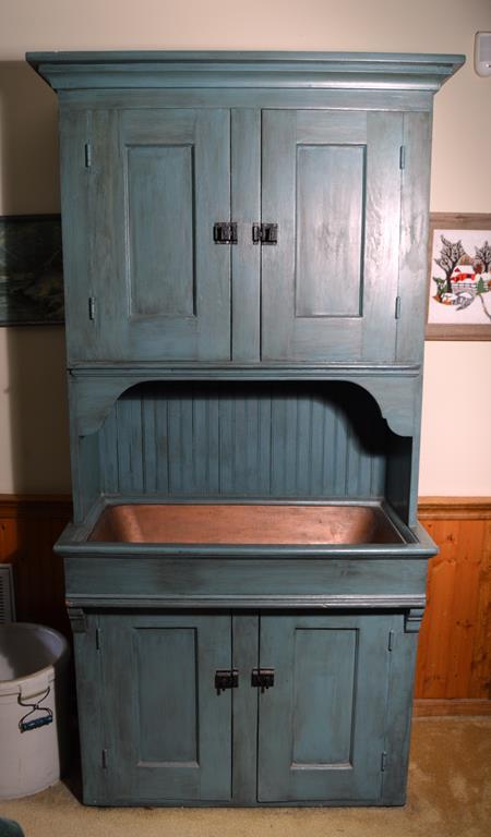 Antique 19th C. Beadboard Kitchen Cabinet w/ Copper Sink & Pantry Hutch, Blue Paint