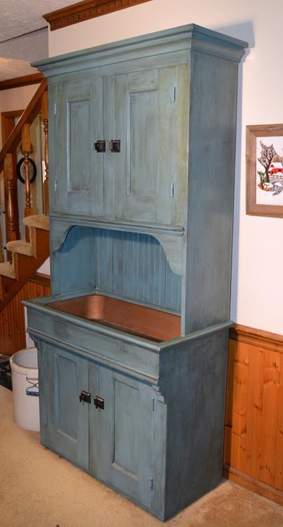 Antique 19th C. Beadboard Kitchen Cabinet w/ Copper Sink & Pantry Hutch, Blue Paint