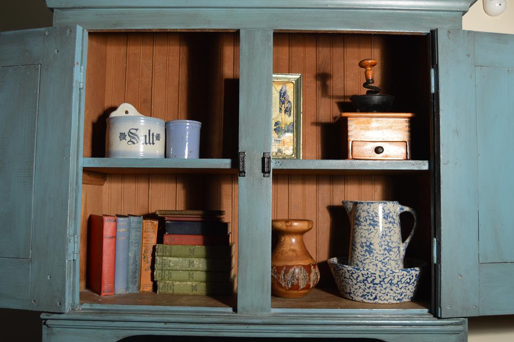 Antique 19th C. Beadboard Kitchen Cabinet w/ Copper Sink & Pantry Hutch, Blue Paint