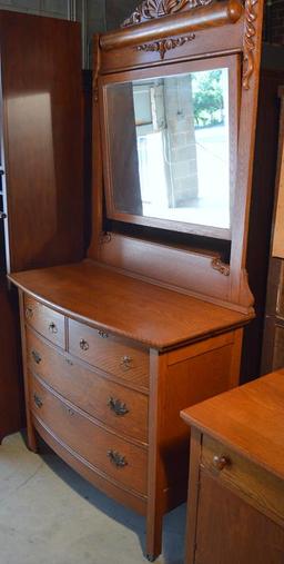 Antique Late 19th-Early 20th C. Tiger Oak Bow Front Dresser w/ Mirror