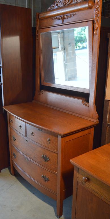 Antique Late 19th-Early 20th C. Tiger Oak Bow Front Dresser w/ Mirror