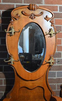 Antique Late 19th-Early 20th C. Tiger Oak Mirrored Back Hall Tree w/ Storage Seat