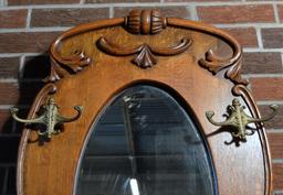 Antique Late 19th-Early 20th C. Tiger Oak Mirrored Back Hall Tree w/ Storage Seat