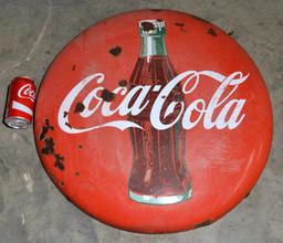 Vintage “Coca-Cola” w/ Bottle Red Coke Button Sign, 24” Diam.