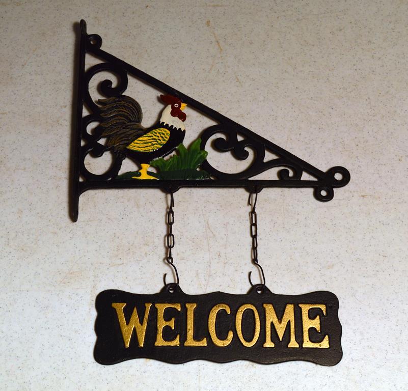 Cold Painted Iron Rooster “Welcome” Sign