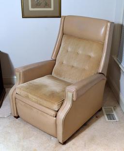 Vintage Leather and Velour Upholstered Recliner