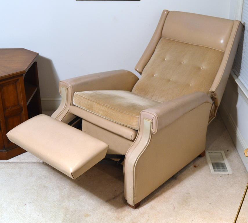 Vintage Leather and Velour Upholstered Recliner